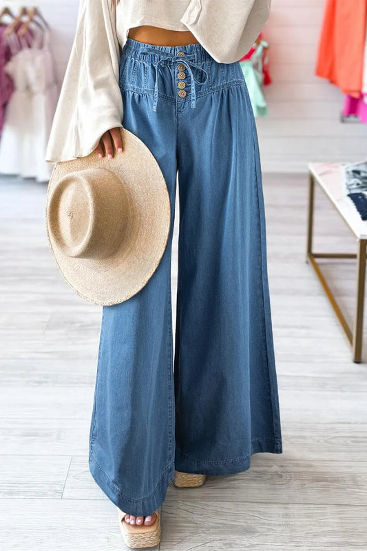 Drawstring Elastic Waist Wide Leg Jeans - The Goddess Galleries