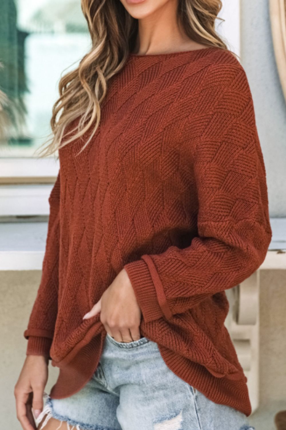 Diamond Round Neck Dropped Shoulder Sweater - The Goddess Galleries