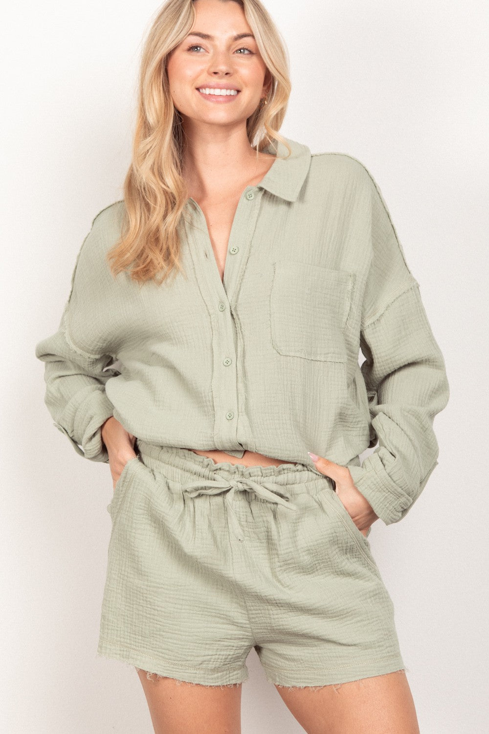 VERY J Texture Button Up Shirt and Shorts Set - The Goddess Galleries