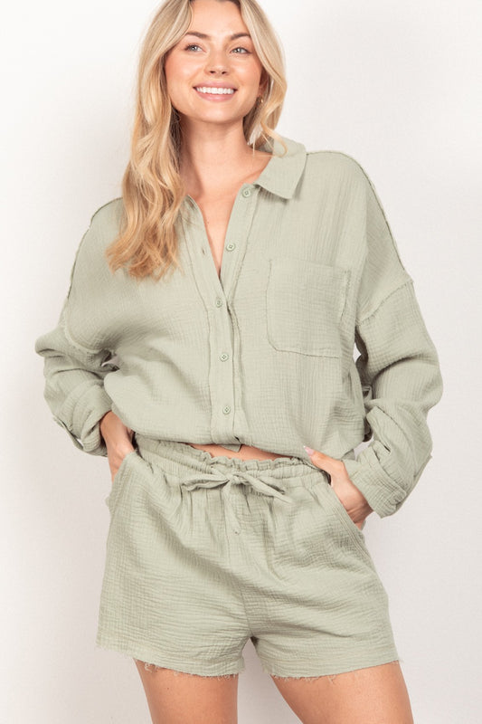 VERY J Texture Button Up Shirt and Shorts Set - The Goddess Galleries