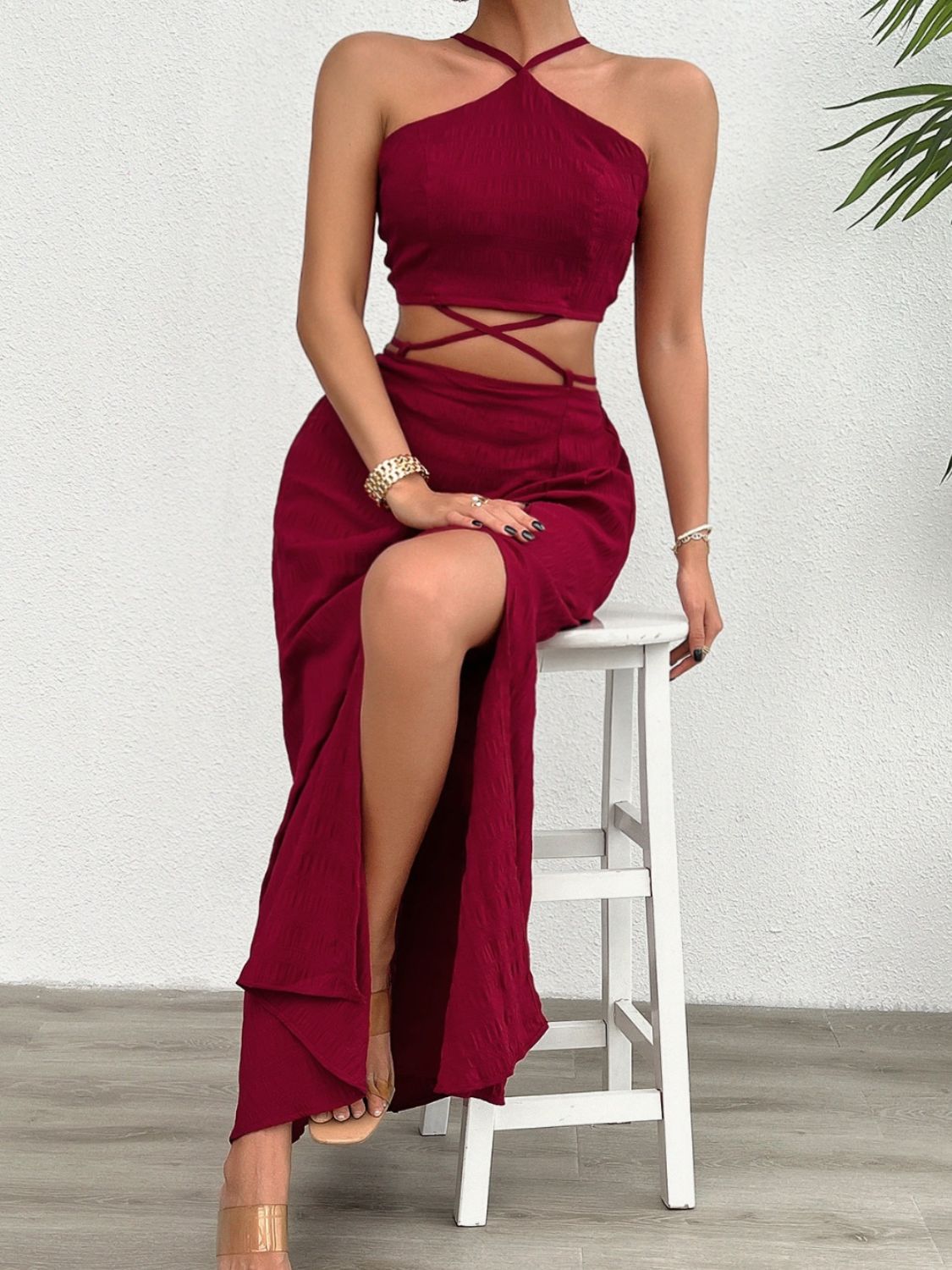 Devine Grecian Neck Top and Slit Skirt Set - The Goddess Galleries