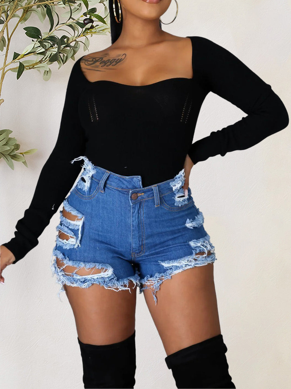 Distressed Raw Hem Denim Shorts with Pockets - The Goddess Galleries