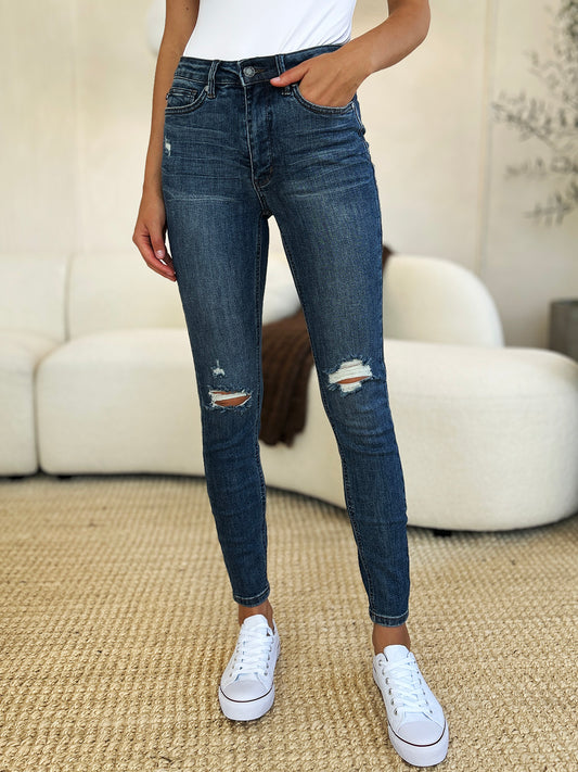 Judy Blue Full Size Mid Waist Distressed Slim Jeans - The Goddess Galleries
