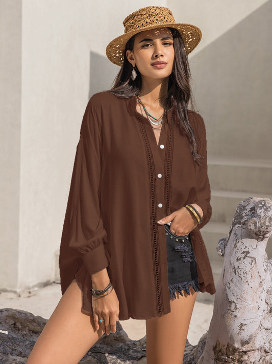 Openwork Button Up Long Sleeve Shirt - The Goddess Galleries