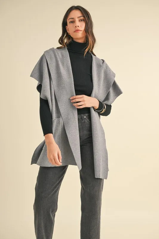 MABLE Knit Open Front Hooded Cardigan With Pocket - The Goddess Galleries