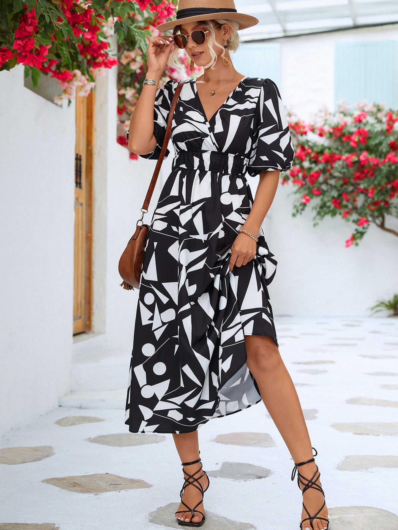Printed Surplice Balloon Sleeve Dress - The Goddess Galleries