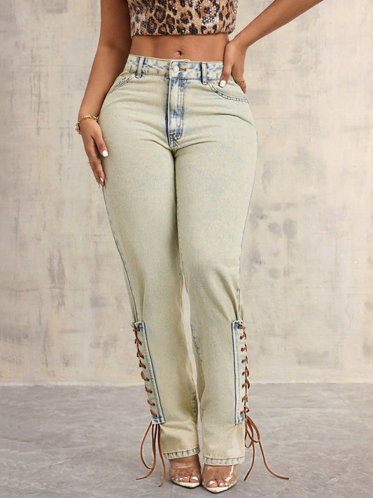 Lace-Up High Rise Jeans - The Goddess Galleries