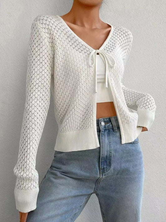 Tied Openwork V-Neck Long Sleeve Cardigan - The Goddess Galleries