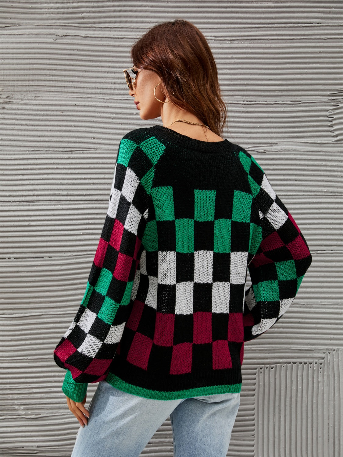 Angel Wings Checkered V-Neck Lantern Sleeve Sweater - The Goddess Galleries