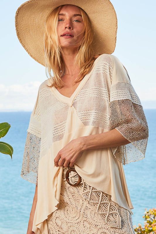 POL V-Neck Crochet Patch Knit Top - The Goddess Galleries