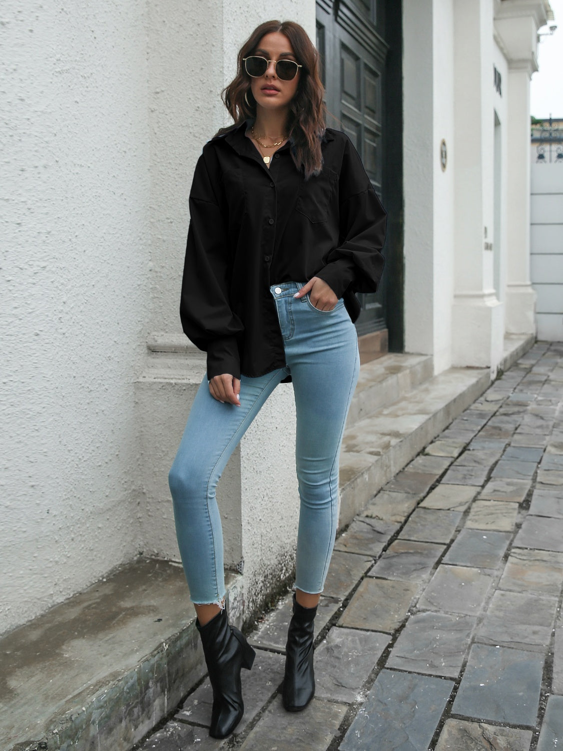 Collared Neck Dropped Shoulder Buttoned Shirt - The Goddess Galleries