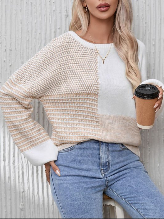 Contrast Round Neck Long Sleeve Sweater - The Goddess Galleries
