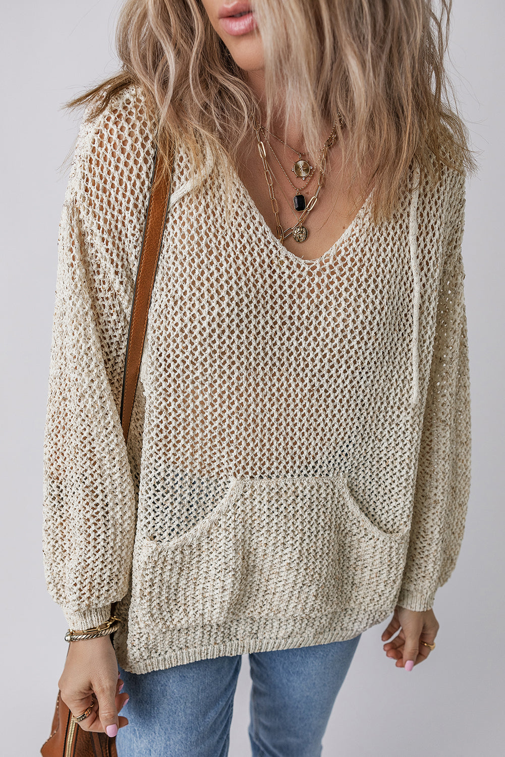 Openwork Dropped Shoulder Hooded Knit Top - The Goddess Galleries