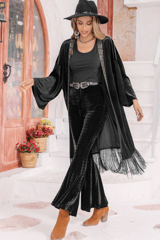 Opne Front Fringe Detail Long Sleeve Cardigan - The Goddess Galleries