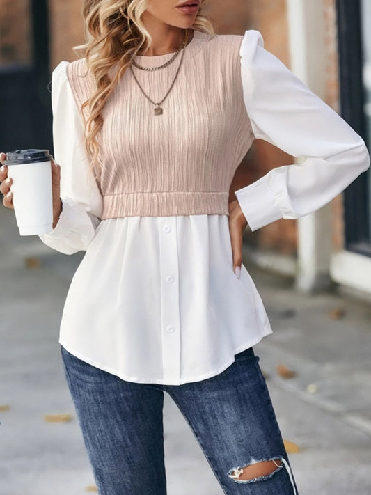 Contrast Round Neck Puff Sleeve Blouse - The Goddess Galleries