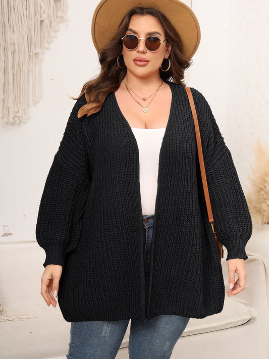 Plus Size Open Front Dropped Shoulder Knit Cardigan - The Goddess Galleries