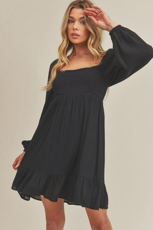 Aemi + Co Ruffled Hem Square Neck Balloon Sleeve Mini Dress - The Goddess Galleries