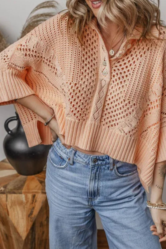 Cutout Collared Neck Three-Quarter Sleeve Sweater - The Goddess Galleries