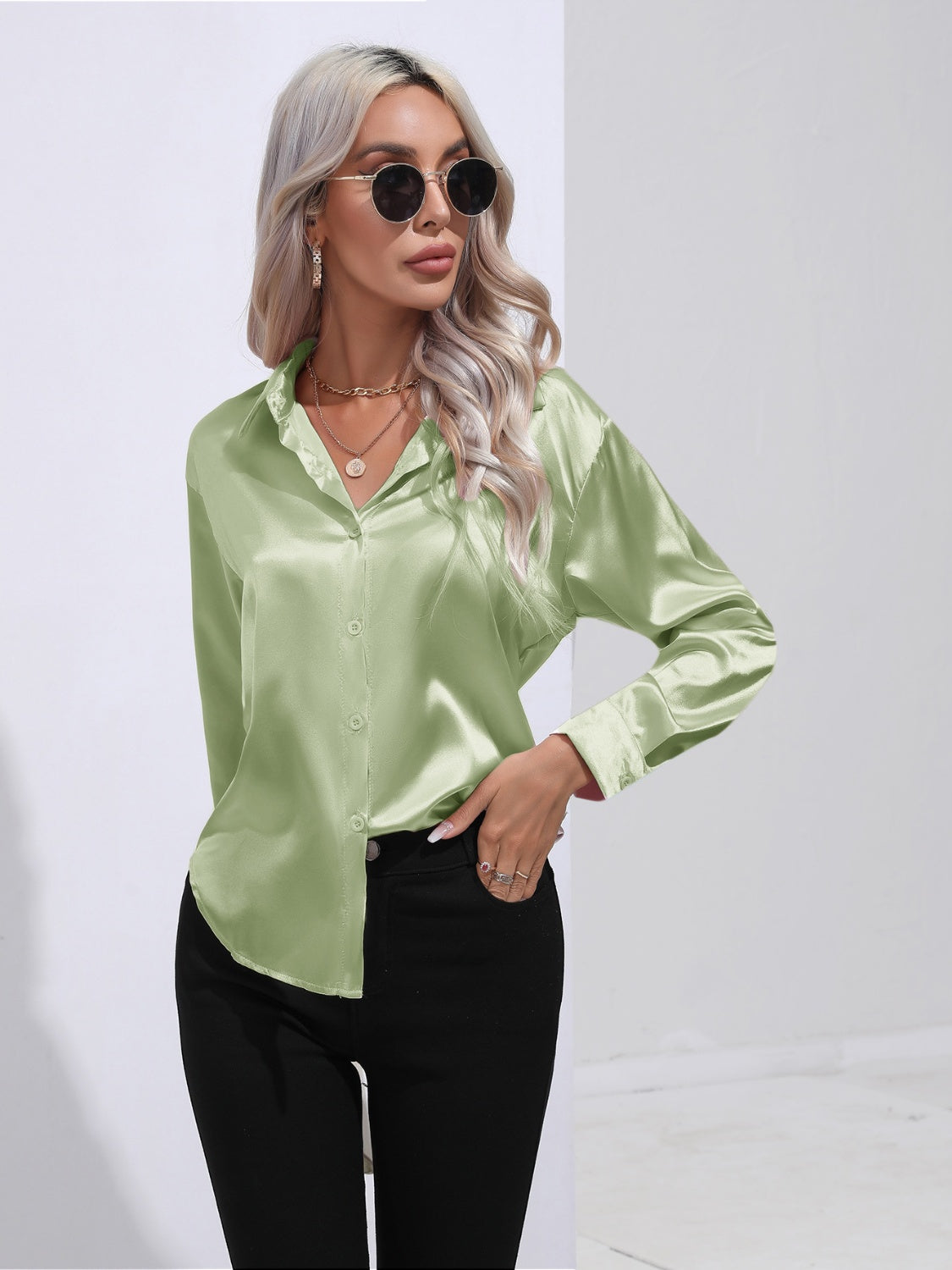 Collared Neck Buttoned Long Sleeve Shirt - The Goddess Galleries