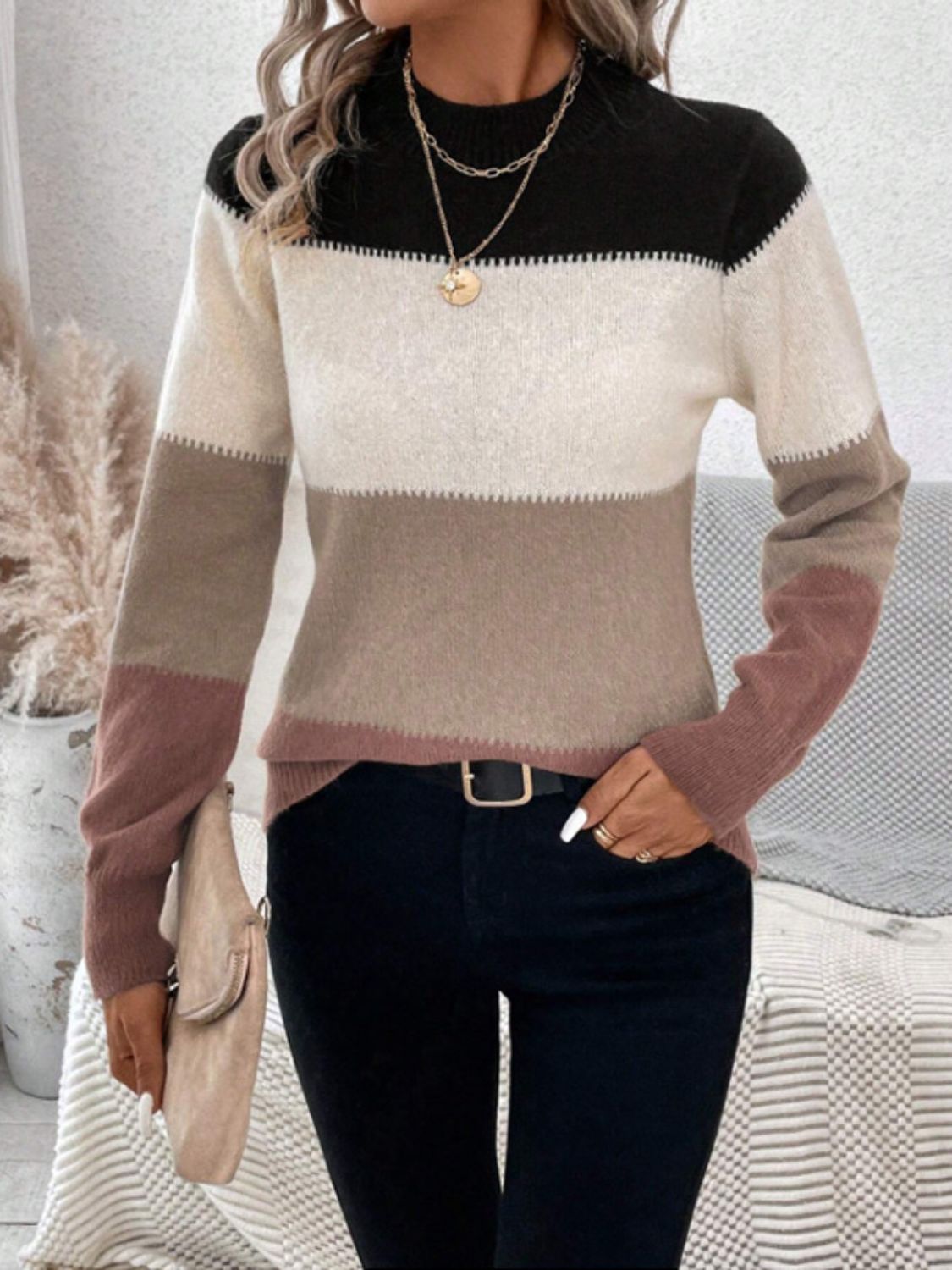 Color Block Mock Neck Long Sleeve Sweater - The Goddess Galleries