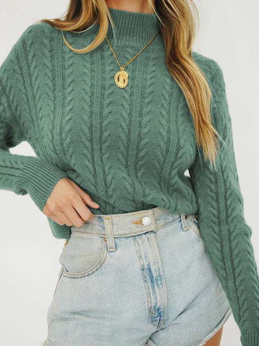 Cable Knit Turtleneck Long Sleeve Sweater - The Goddess Galleries