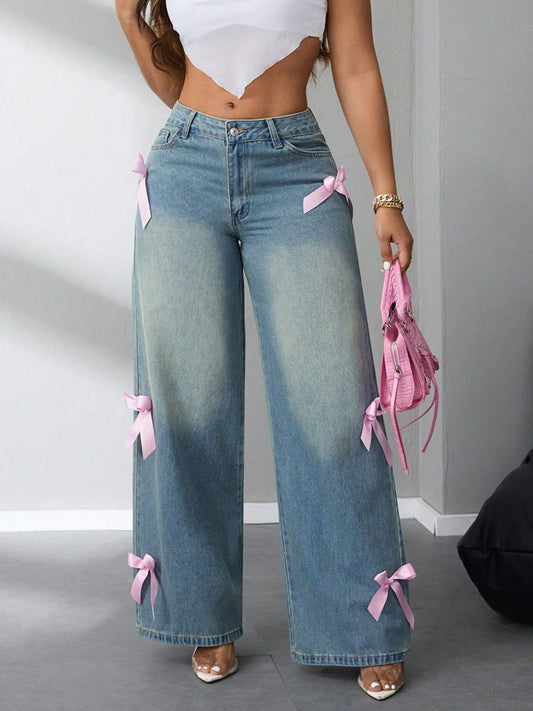 Bow High Rise Wide Leg Jeans - The Goddess Galleries