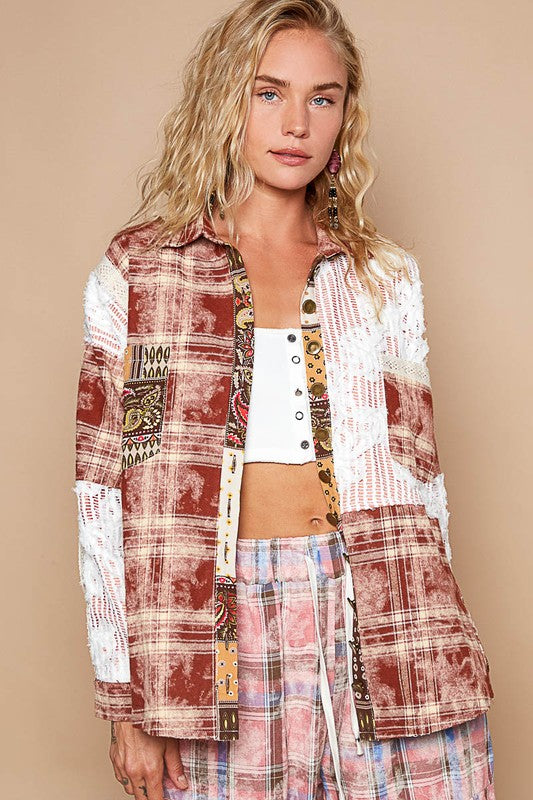 POL Crochet Plaid Patchwork Button Up Shirt - The Goddess Galleries