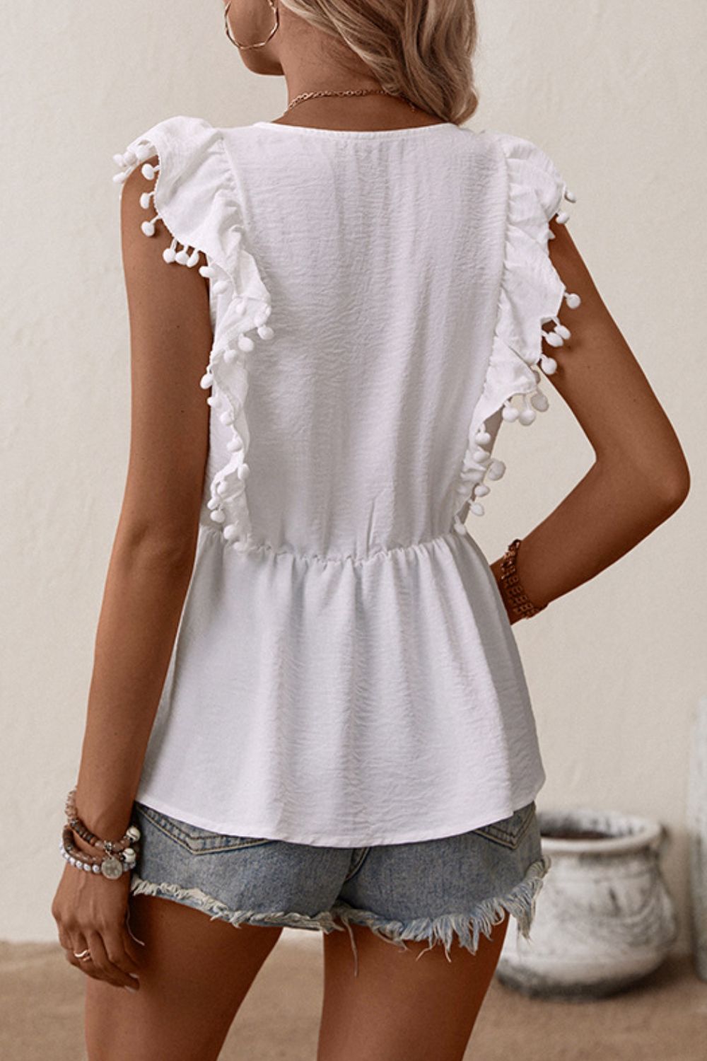Perfee Embroidered Pom-Pom Trim Cap Sleeve Babydoll Top - The Goddess Galleries