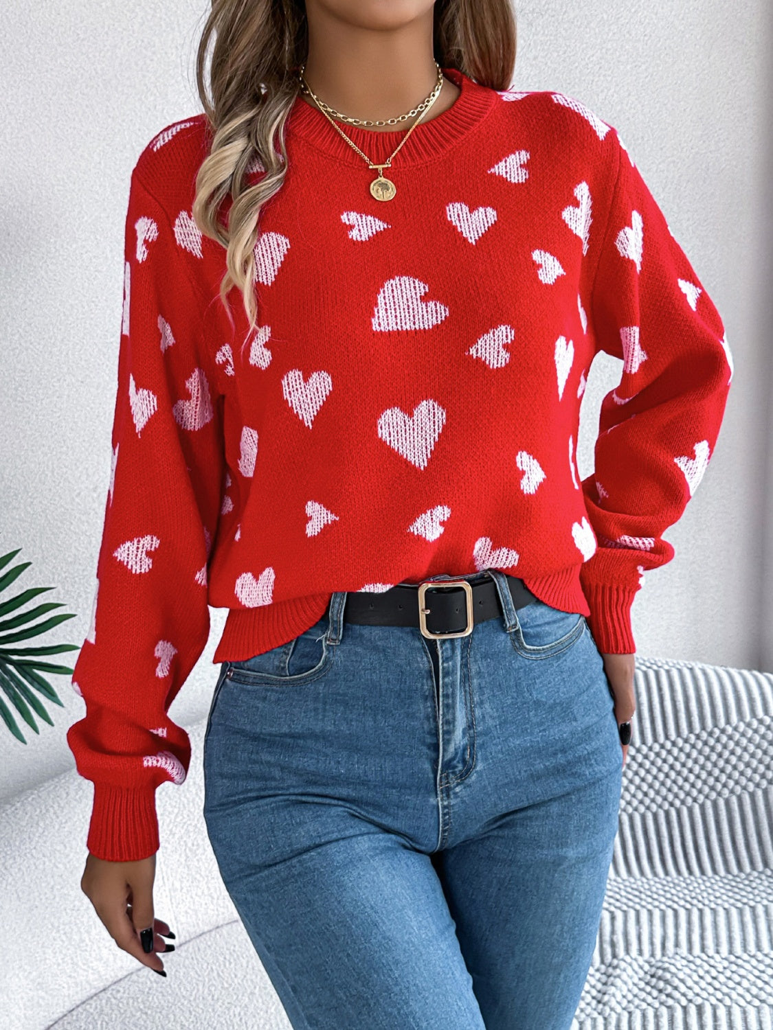 Heart Round Neck Long Sleeve Sweater - The Goddess Galleries