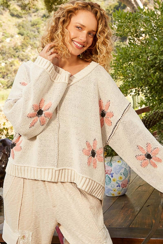 POL V-Neck Floral Pattern Chenille Sweater - The Goddess Galleries