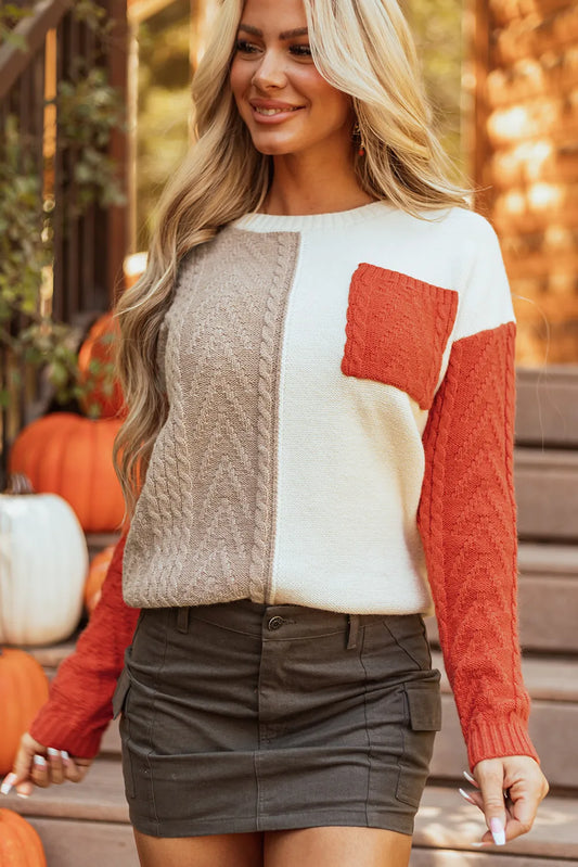 Color Block Round Neck Long Sleeve Sweater - The Goddess Galleries