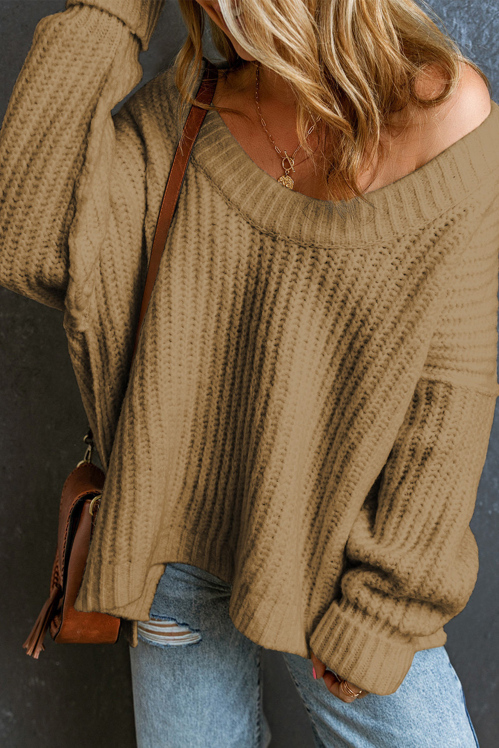 Ribbed Round Neck Dropped Shoulder Sweater - The Goddess Galleries