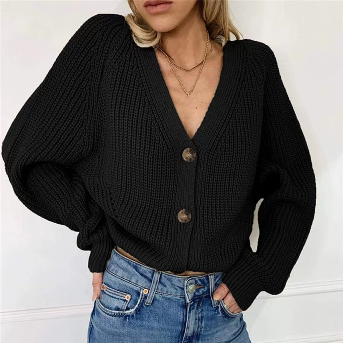 Button Up V-Neck Long Sleeve Cardigan - The Goddess Galleries