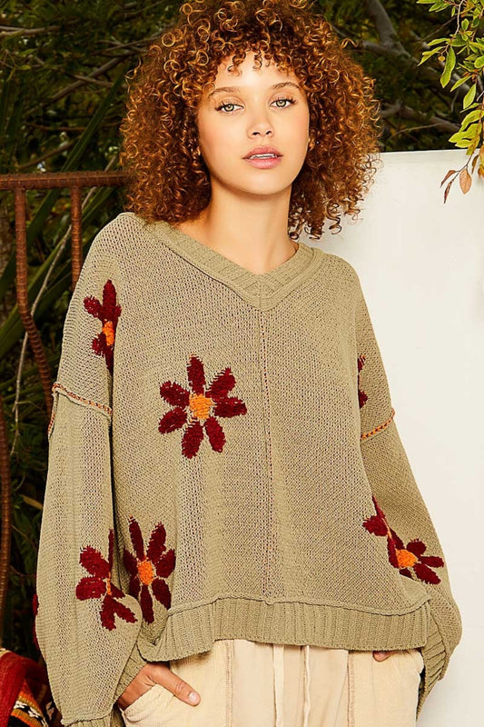 POL V-Neck Floral Pattern Chenille Sweater - The Goddess Galleries