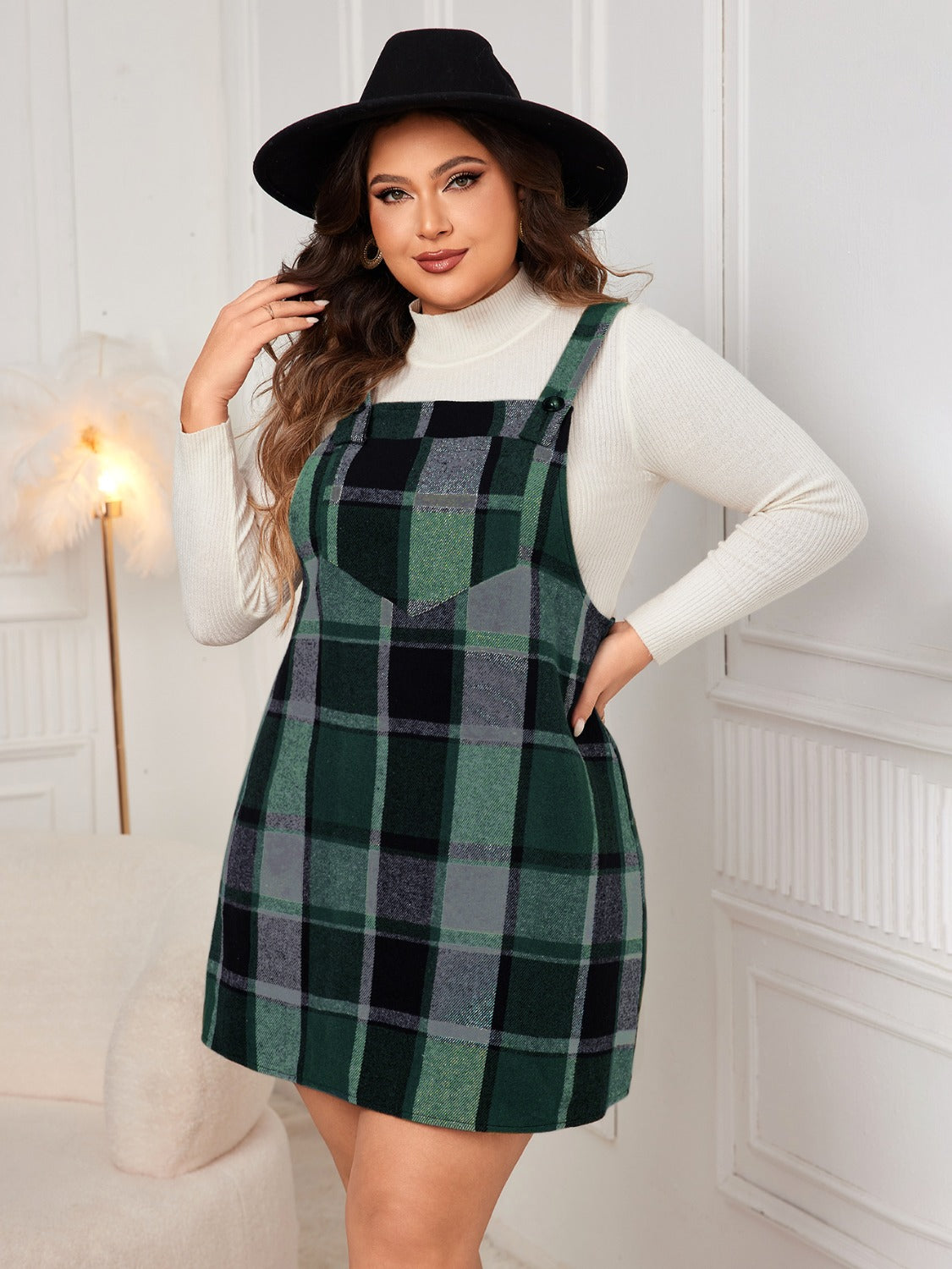 Honey Plus Size Plaid Wide Strap Overall Dress - The Goddess Galleries