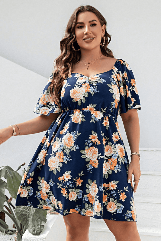 Plus Size Floral Print V-Neck Flutter Sleeve Mini Dress - The Goddess Galleries