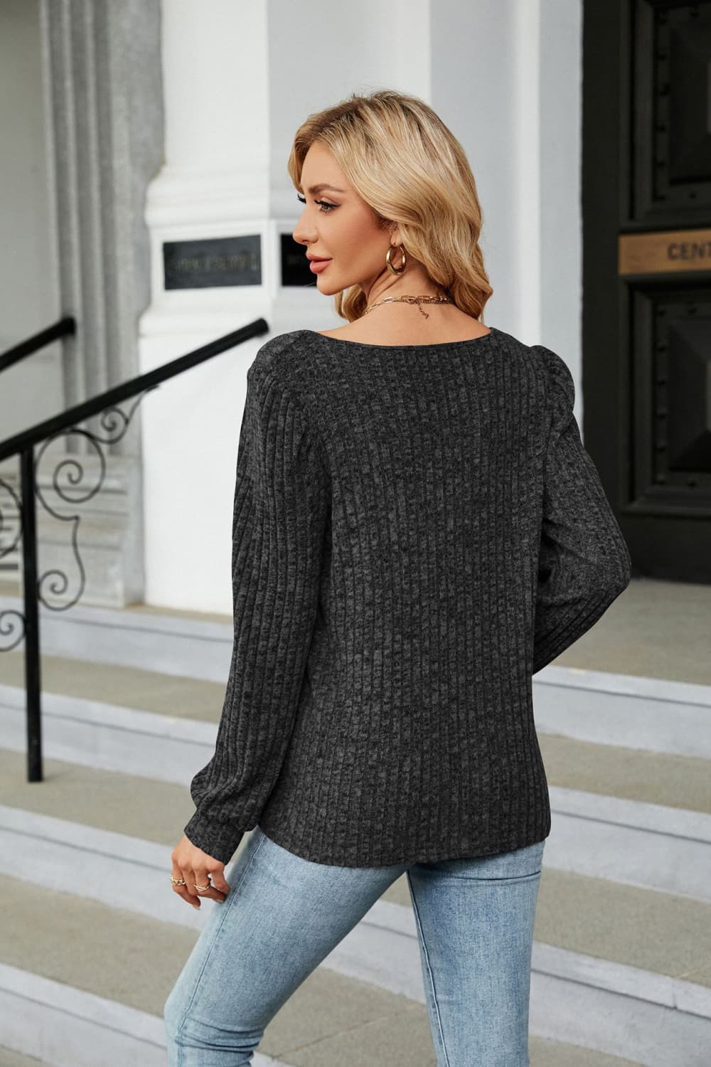 Ribbed Square Neck Long Sleeve T-Shirt - The Goddess Galleries