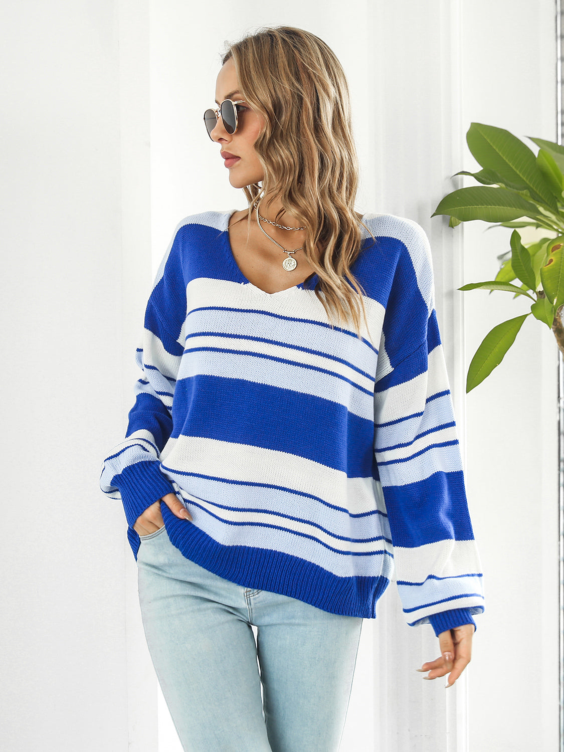 Striped V-Neck Long Sleeve Knit Top - The Goddess Galleries
