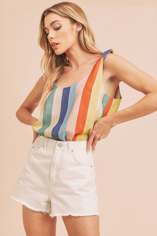 Aemi + Co Contrast Striped Scoop Neck Tie Shoulder Tank - The Goddess Galleries