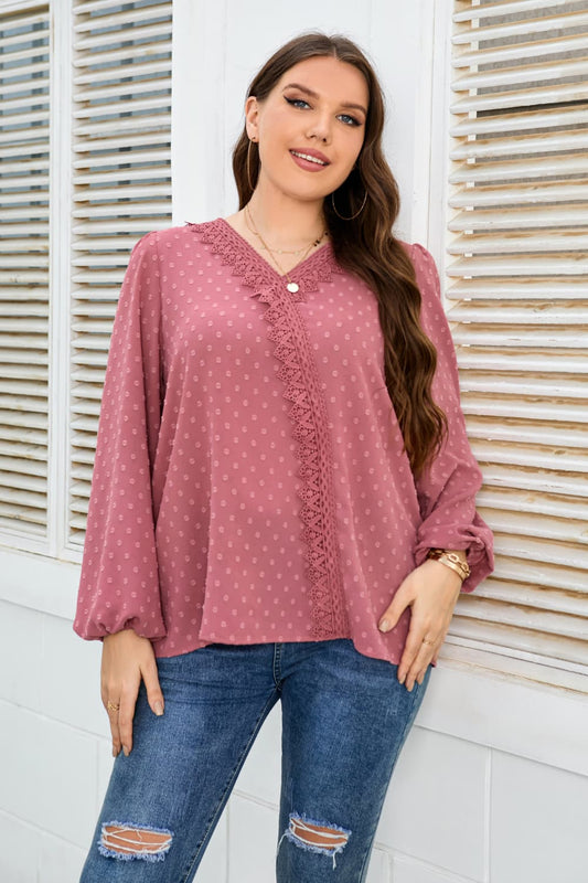 Honey Melo Apparel Plus Size Lace Trim V-Neck Balloon Sleeve Blouse - The Goddess Galleries