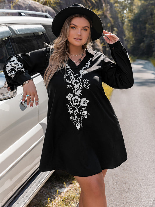 Plus Size Embroidered Long Sleeve Mini Dress - The Goddess Galleries