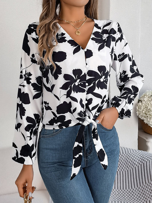 Printed V-Neck Long Sleeve Blouse - The Goddess Galleries