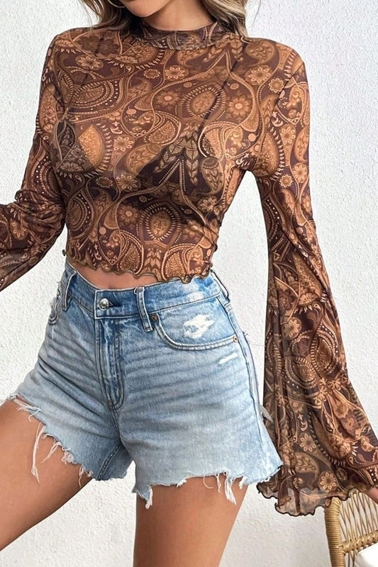 Printed Mock Neck Flare Sleeve Top - The Goddess Galleries