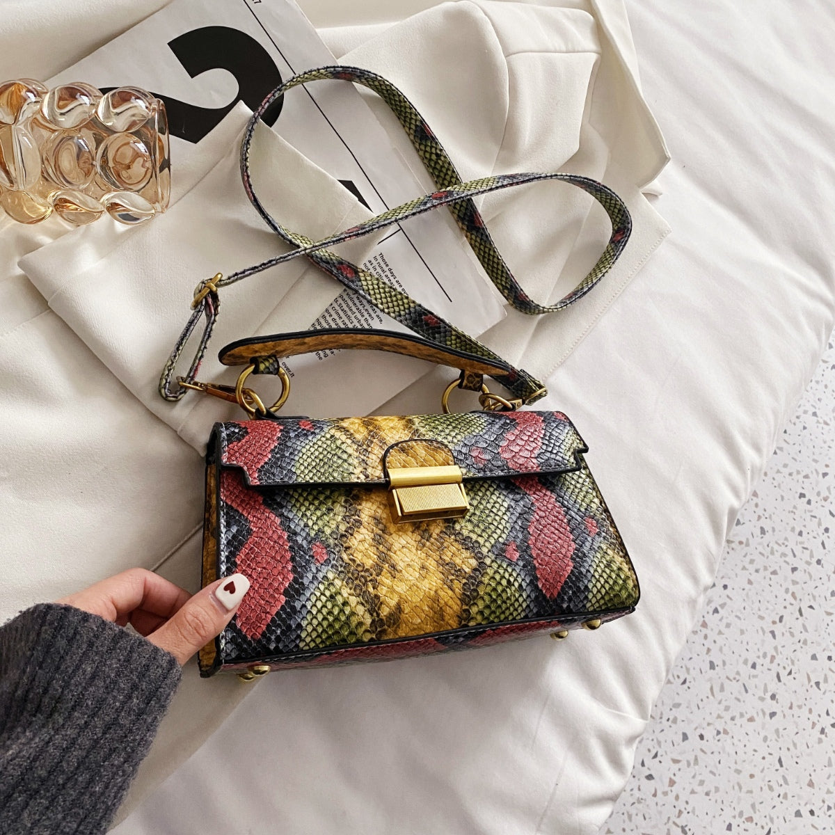 PU Leather Snakeskin Print Crossbody Bag - The Goddess Galleries