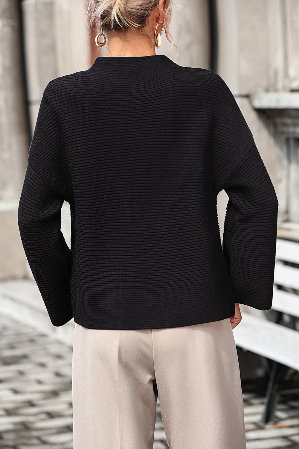 Mock Neck Dropped Shoulder Pullover Sweater - The Goddess Galleries