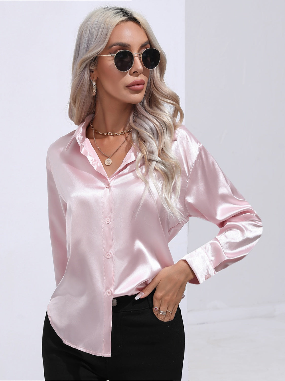 Collared Neck Buttoned Long Sleeve Shirt - The Goddess Galleries