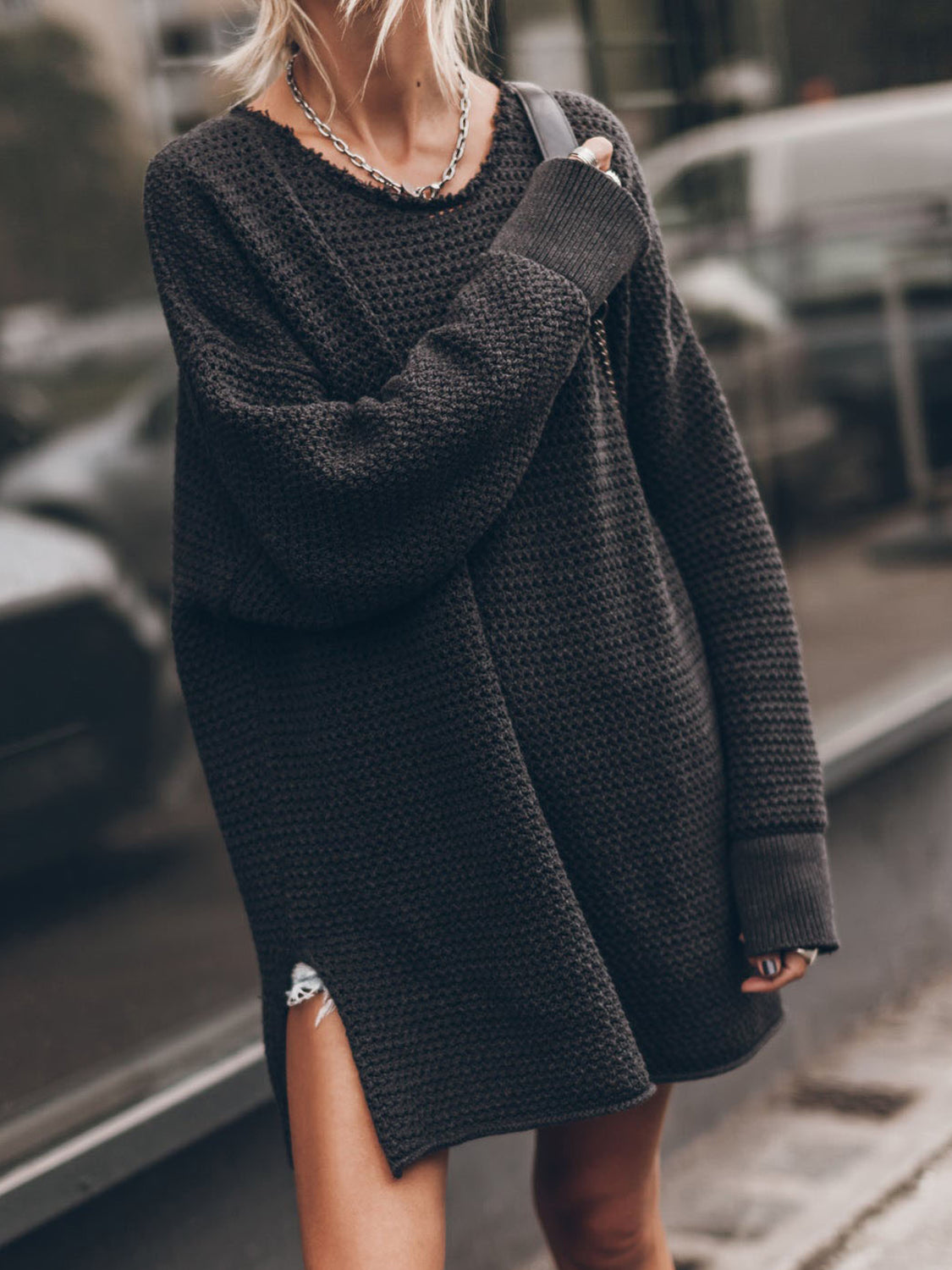 Openwork Round Neck Long Sleeve Slit Sweater - The Goddess Galleries