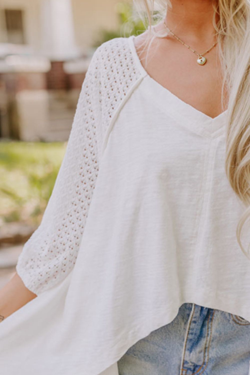 Openwork High Low Hem V Neck Oversized Top - The Goddess Galleries