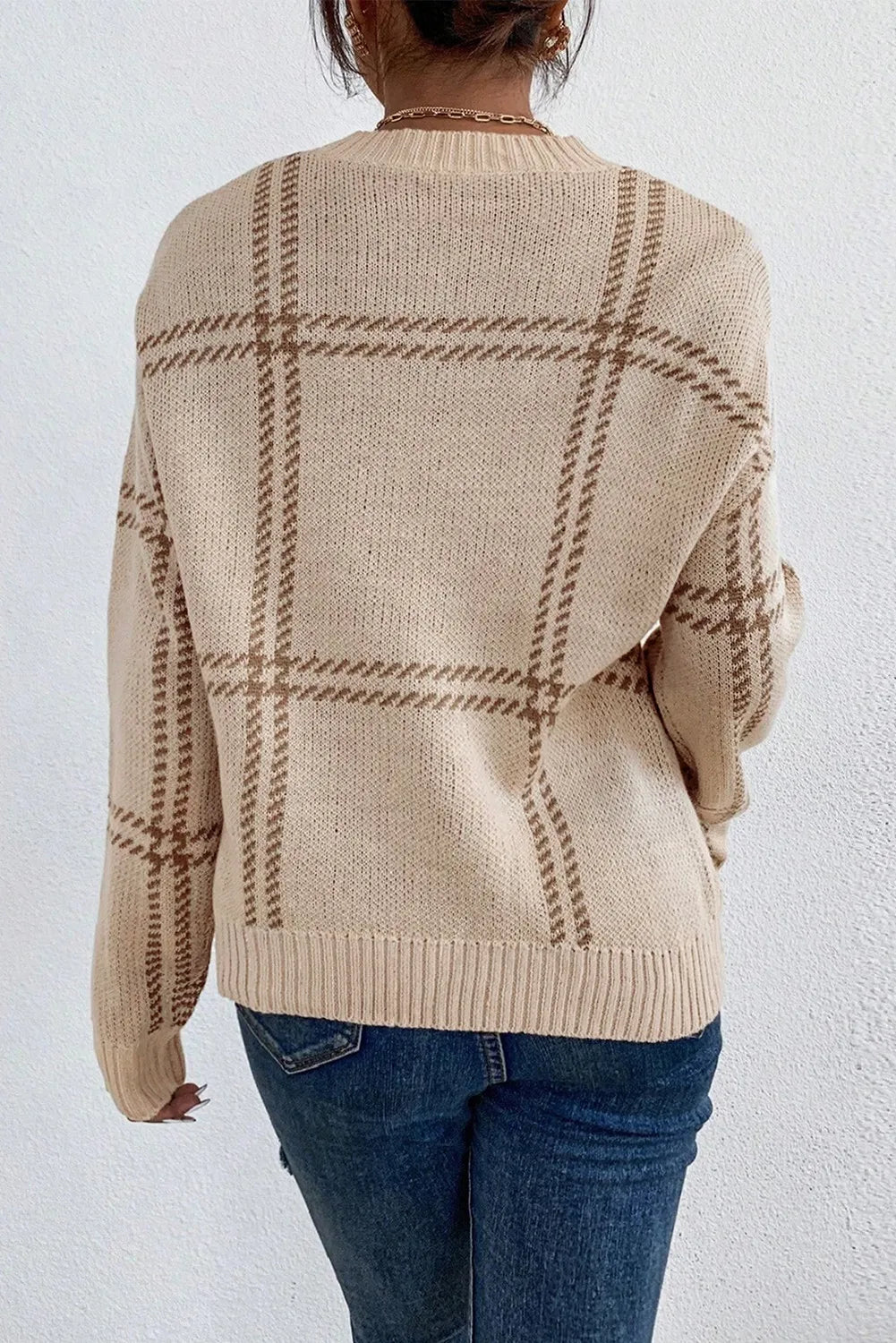 Plaid Round Neck Dropped Shoulder Sweater - The Goddess Galleries