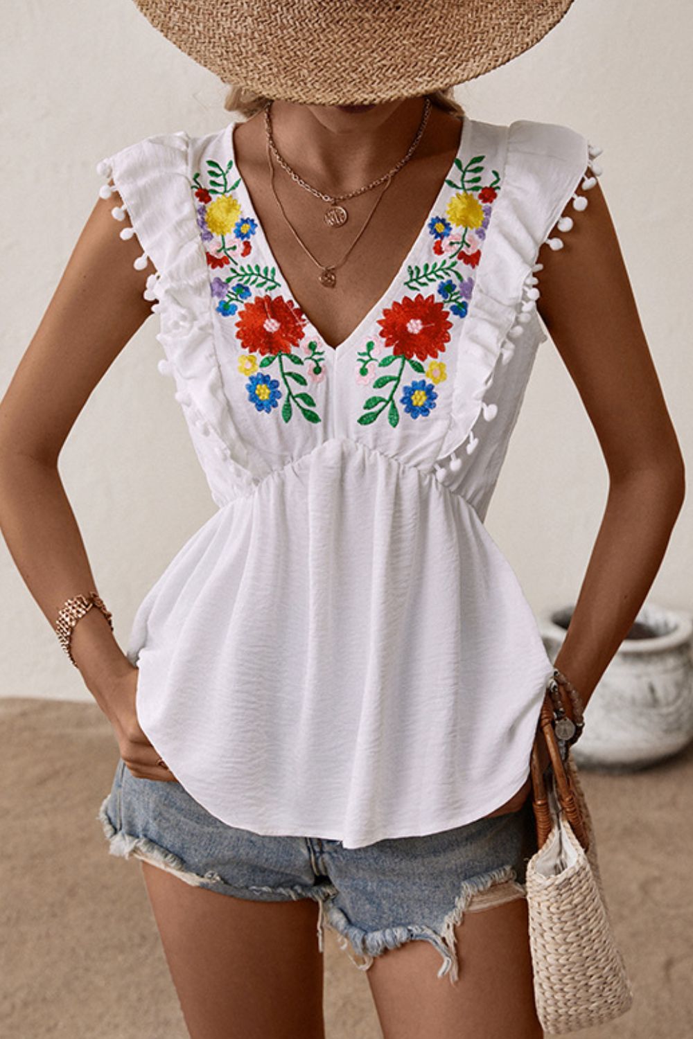 Perfee Embroidered Pom-Pom Trim Cap Sleeve Babydoll Top - The Goddess Galleries